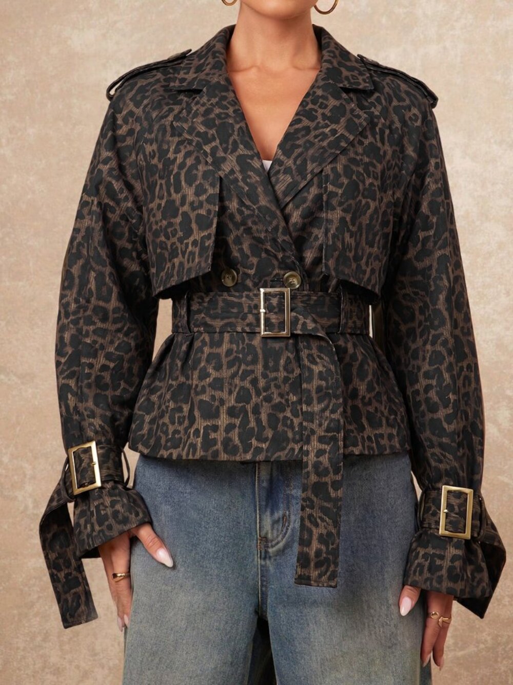 Multicolor Elegant Women's Leopard Print Cropped Trench Jacket